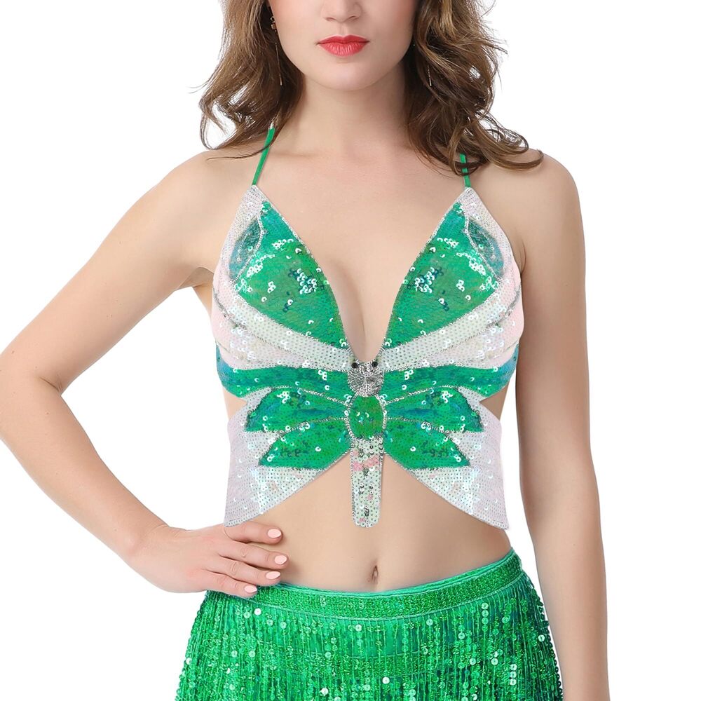 9772 Sexy V-Neck Blackless Strappy Sequin Crop Top Clubwear Latin Belly